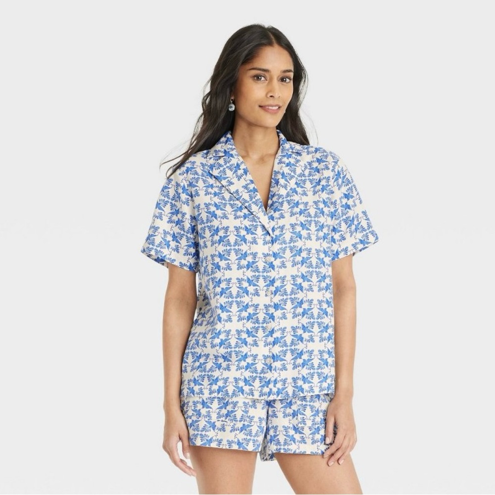 Universal Thread Collared Button Down Shirt Linen Oversized Blue Women's Medium
